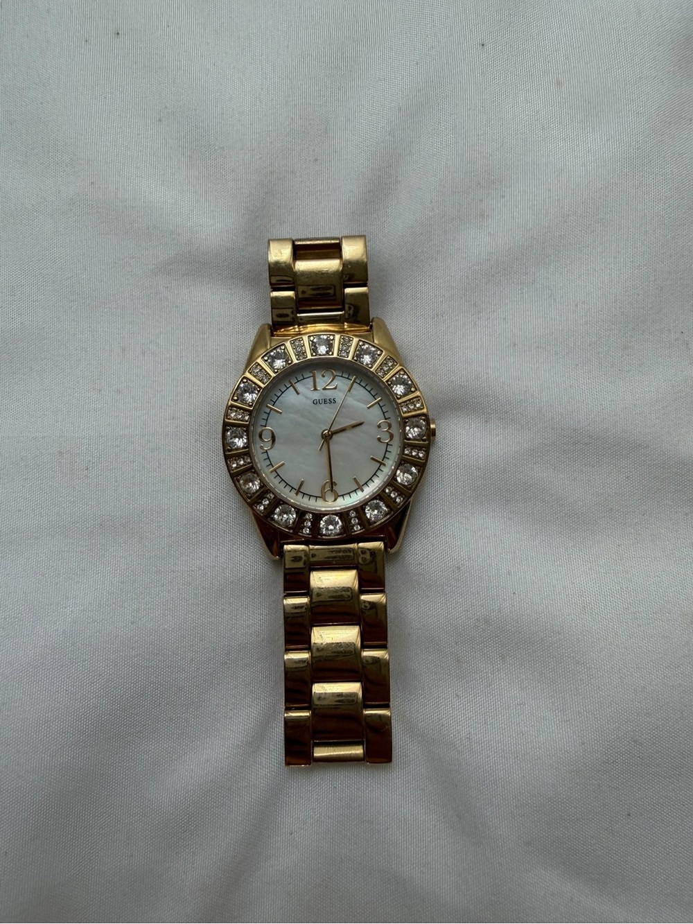 GUESS Gold-tone Crystal Bezel Women's Watch with Mother-of-Pearl Dial